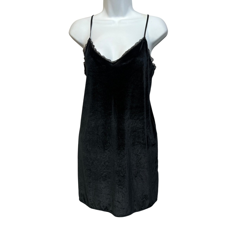 Victoria's Secret Black Velvet Lace Trim Chemise Slip Dress Medium M